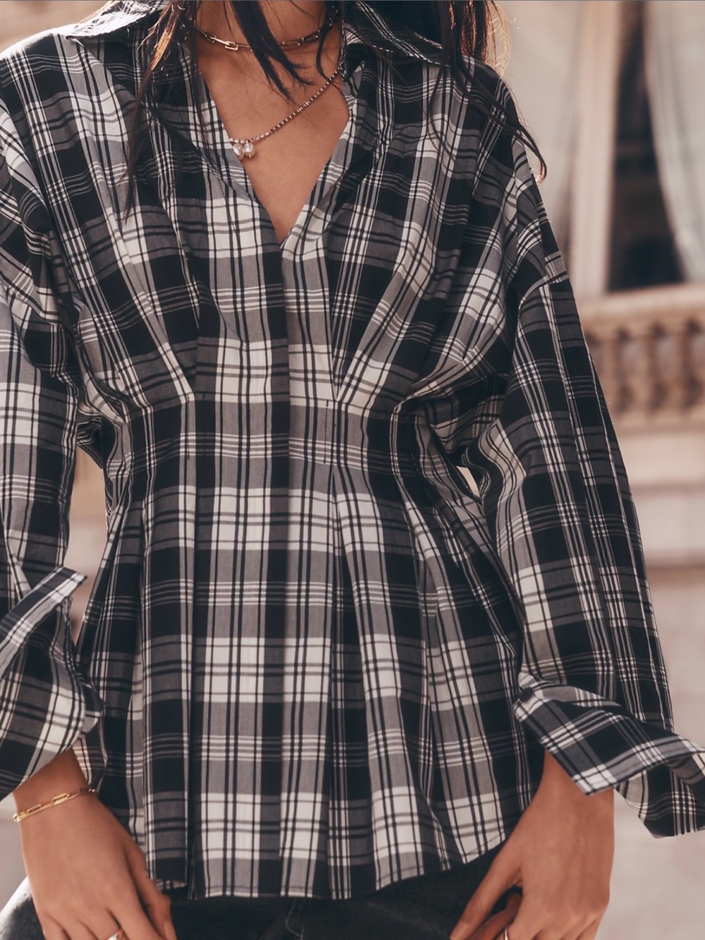 NWT LOFT Plaid Poplin Pleated Waist Shirt